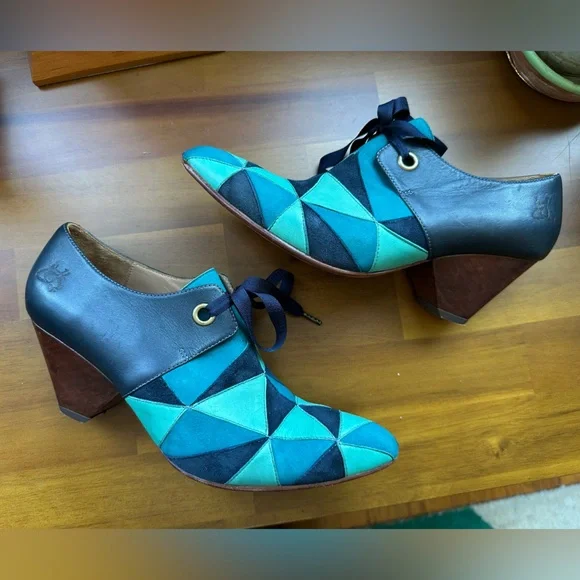 Fluevog EXCELLENT Purpose Scheme angular suede booties in turquoise/navy -7.5/8 - Picture 10 of 16